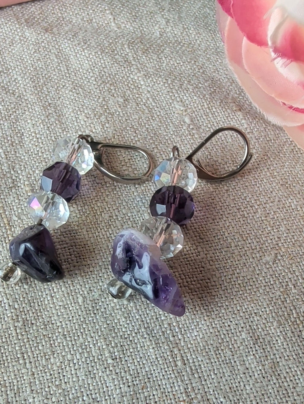 Artisan Sterling Silver Amethyst & Crystal Dangle Earrings